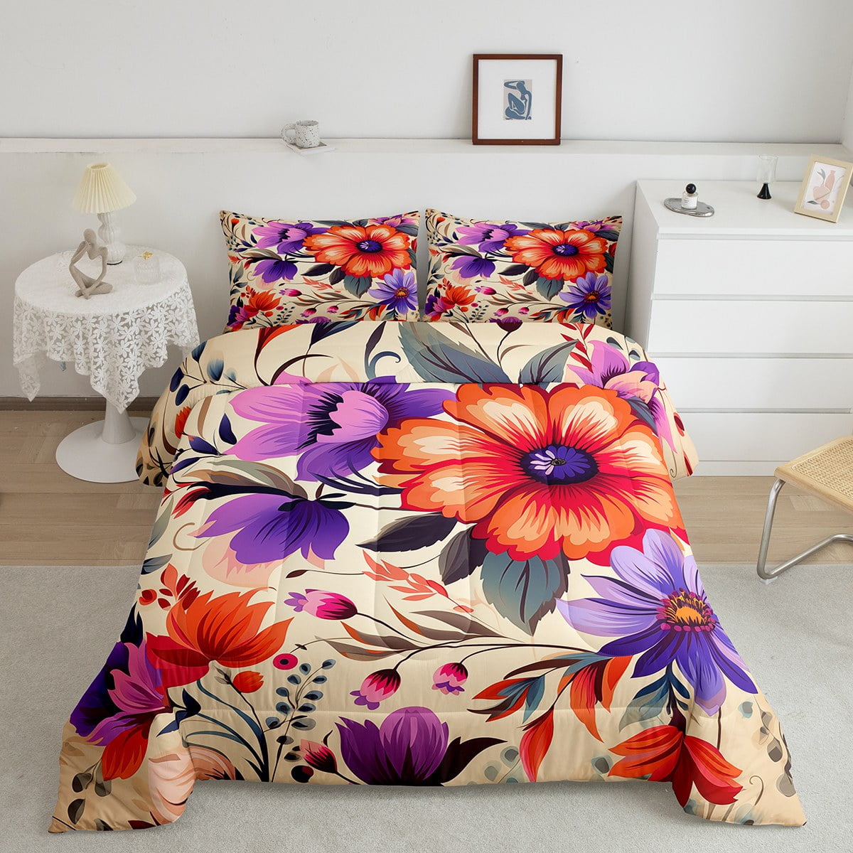 YST Chic Florals Bedding Sets Full Red Purple Flowers Comforter Set