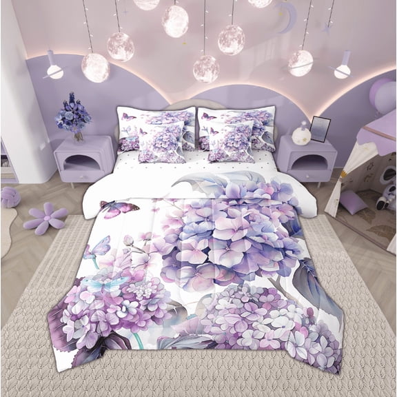 Chic Hydrangea Bedding Comforter Sets 7Pcs Colorful Butterfly Bed In A Bag ,Vintage Floral Full Bedding Sets Cute Animal Sheet Set With Comforter Purple Flower Home Decor