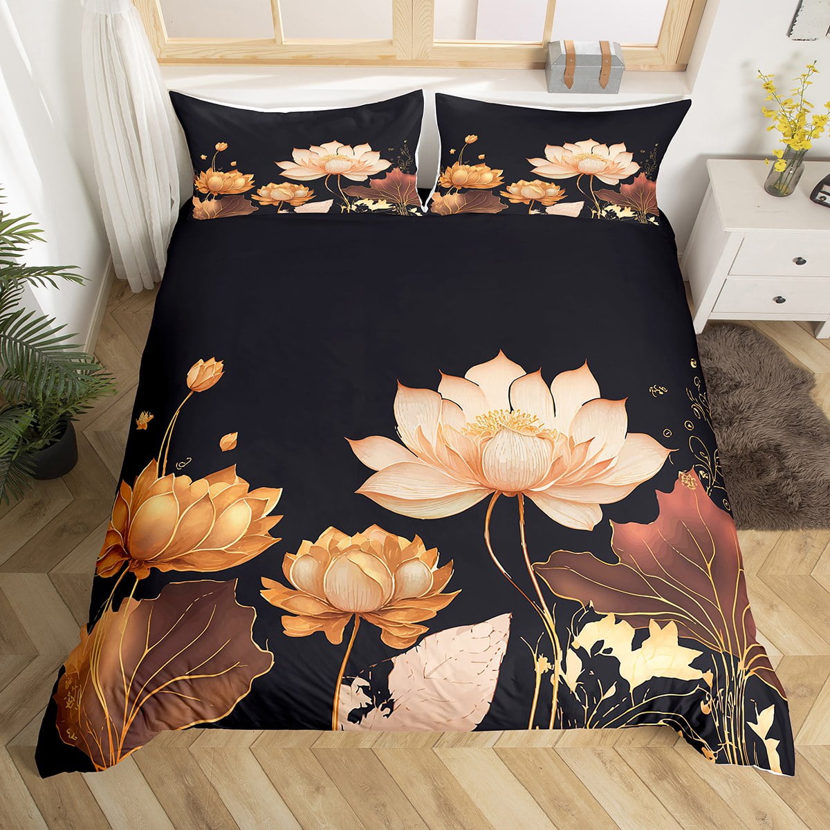 YST Chic Lotus Flower Comforter Cover for Women Girls Floral Bed Set, Black and Gold Duvet Cover