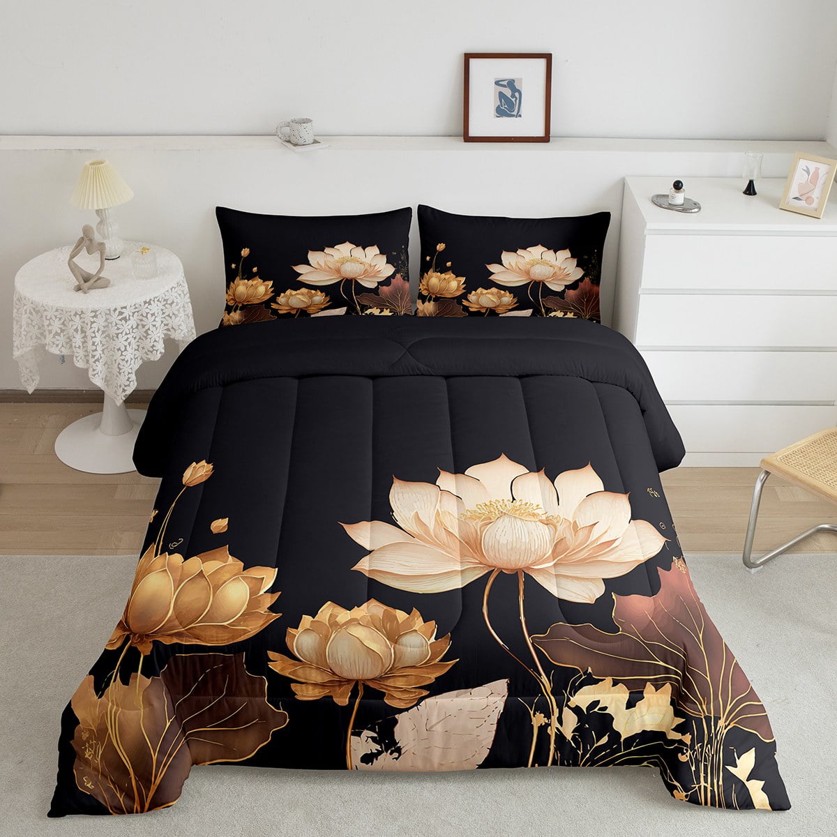 YST Chic Lotus Flower Comforter Set Twin for Women Girls Floral Bedding Set, Black and Gold