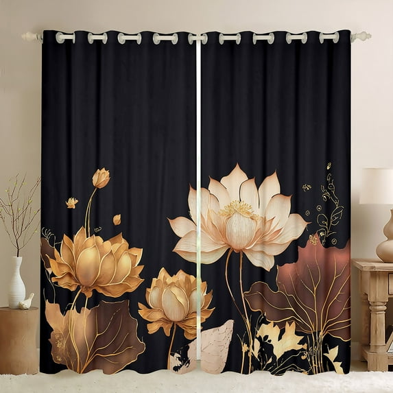 Erosebridal Chic Lotus Flower Curtains & Drapes for Women Floral Curtains, Black and Gold Blackout Curtains White Flower Leaves Living Room Curtains, Botanical Plants Window Curtains