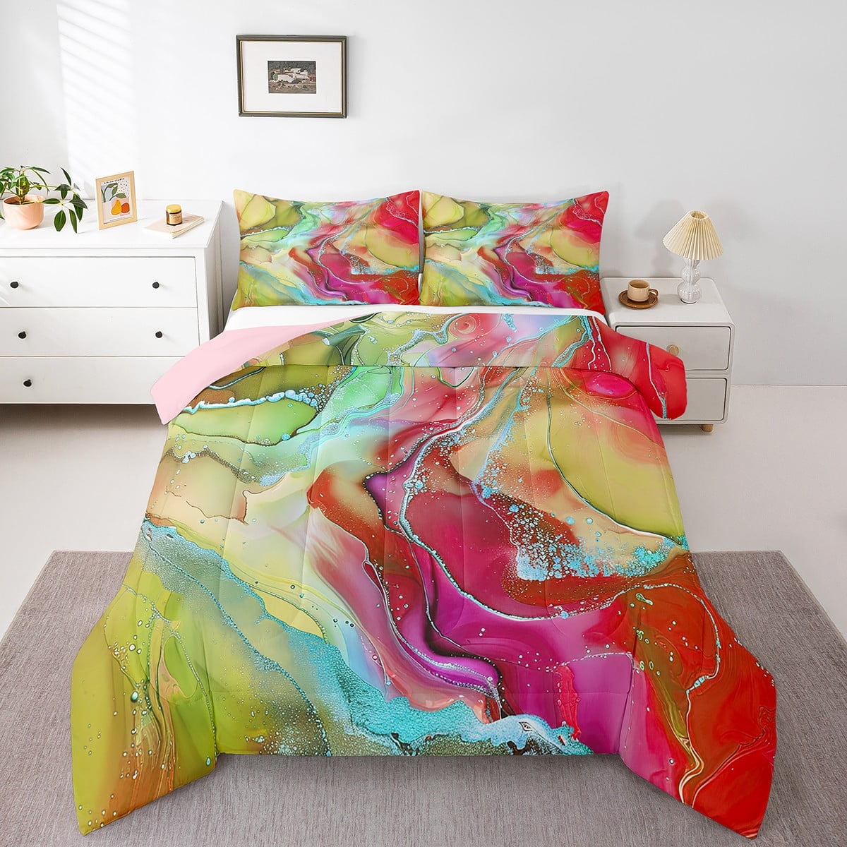 Erosebridal Chic Marble Bedding Full Size Yellow Red Watercolor Comforter Set Full, Colorful Tie Dyed Duvet Insert Aesthetic Marbling Quilt Comforter, Stone Pattern Bedding Comforters & Sets