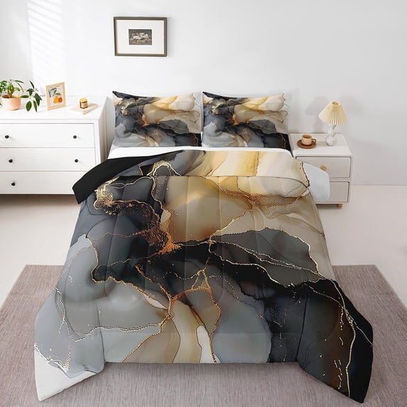 Chic Marble Queen Bedding Sets Black Gold Watercolor Comforter Set , Mountain Fluid Down Comforter Aesthetic Marbling Bedding Comforter Sets, Stone Pattern Duvet Insert