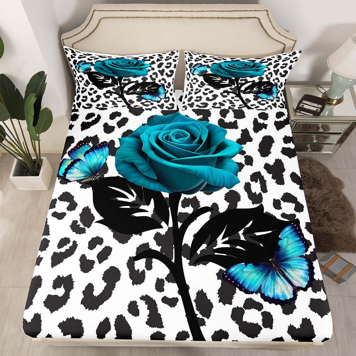 YST Chic Rose Queen Sheets Blue Butterfly Bed Sheets, Black White
