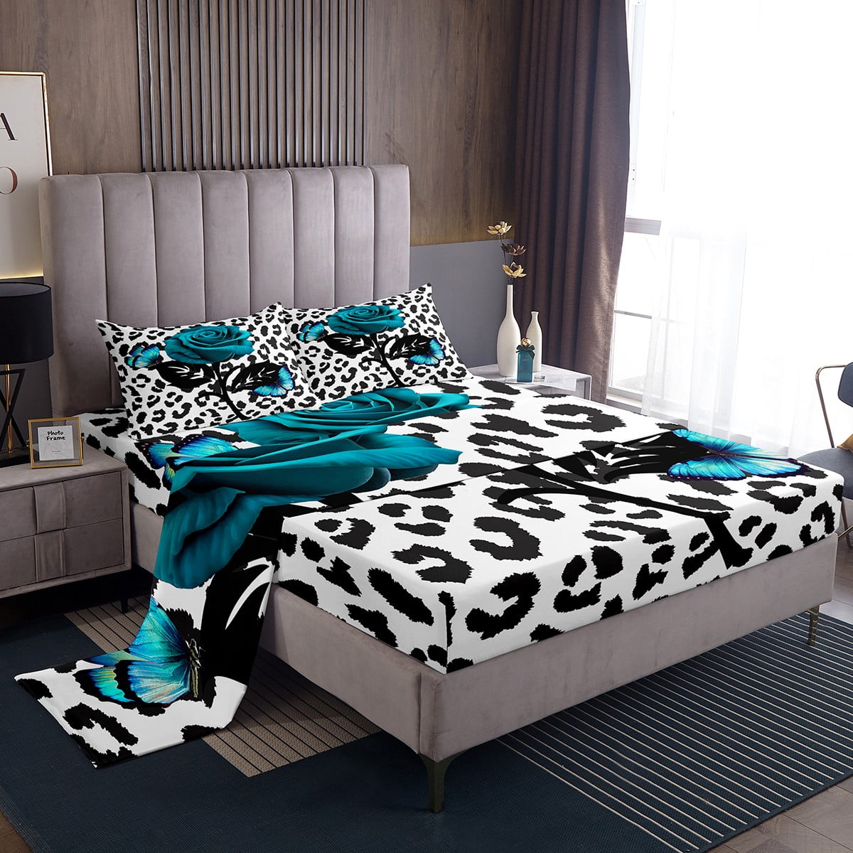 YST Chic Rose Twin Sheets Blue Butterfly Bed Set, Black White Leopard