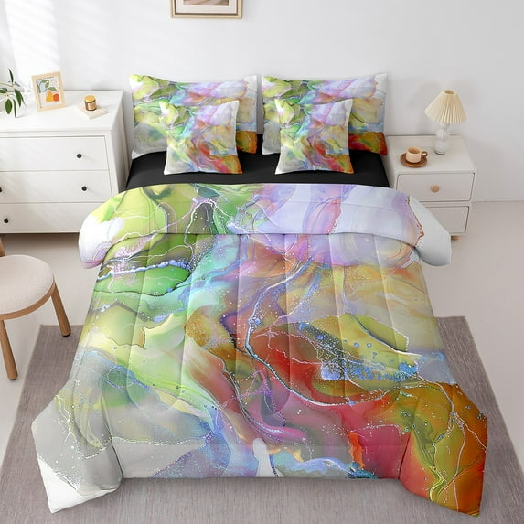 Chic Watercolor Bedding Twin Size 7pcs Green Purple Red Marble Comforter Set, Stone Pattern Bedding Comforter Sets Tie Dye Bed in a Bag, Aesthetic Foil Print Bedding Accessories