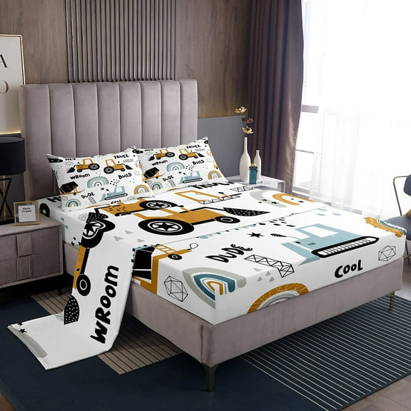 Tractor Bed Set Bed Cartoon Truck Bed Sheets Set, Car Theme Sheet Set Twin Kawaii Rainbow Sheets, Hand Drawn Building Site Top Sheet 3pcs