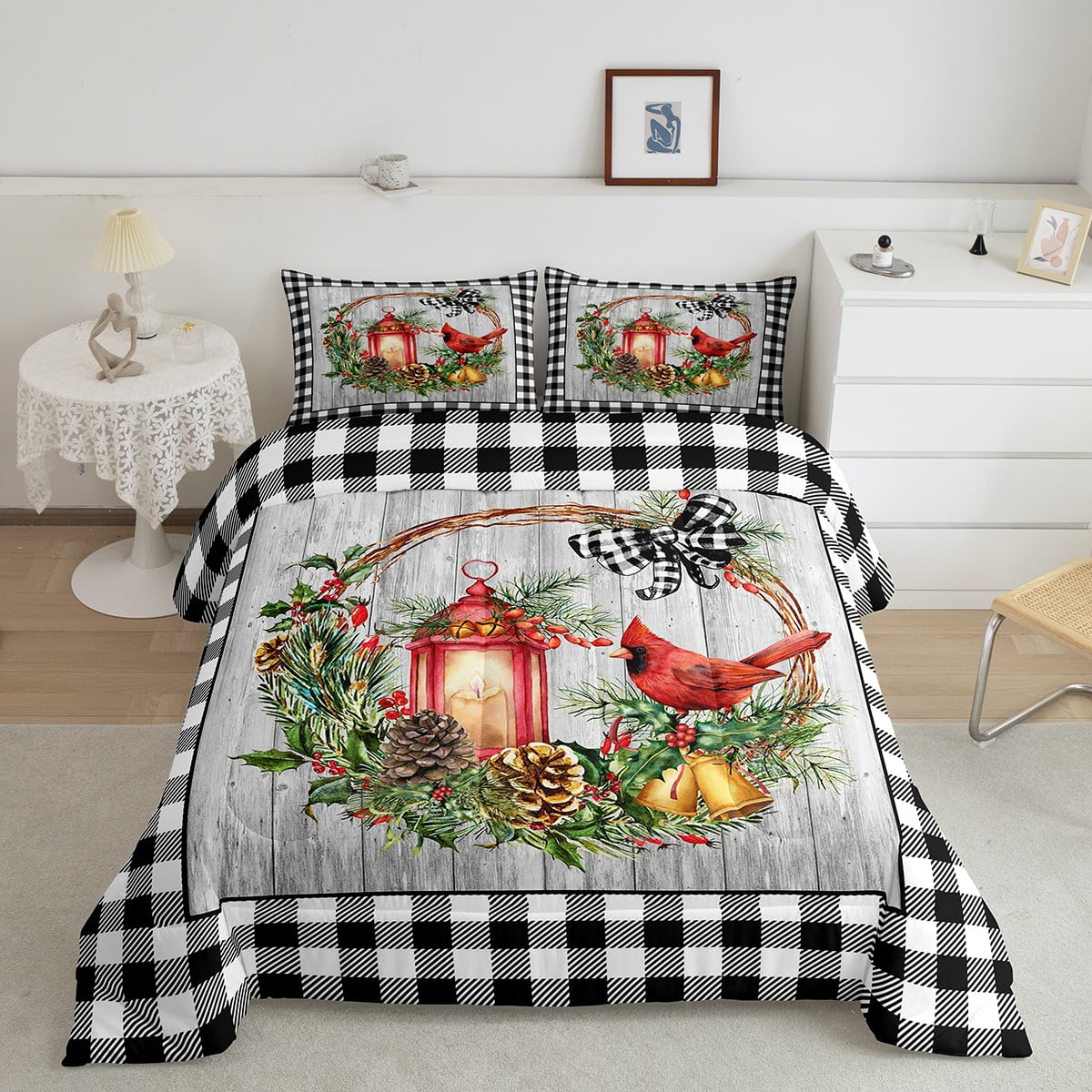 YST Christmas Cardinal Comforter Set Twin Black White Buffalo Plaid