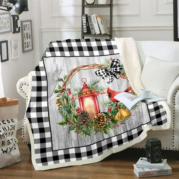 YST Christmas Cardinal Fleece Bed Blanket Queen 90"X90" Black White Buffalo Plaid Sherpa Blanket Merry Christmas Holiday Throw Blanket For Kids Adults,Rustic Farmhouse Xmas Fuzzy Blanket