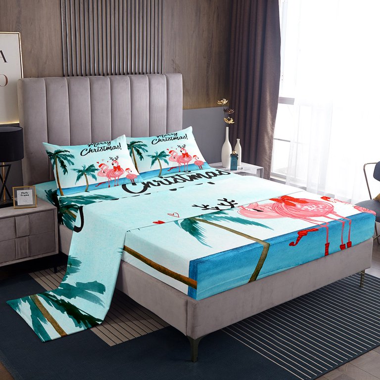 YST Christmas Gifts Bed Sheets Set Kawaii Flamingo with Xmas Hat