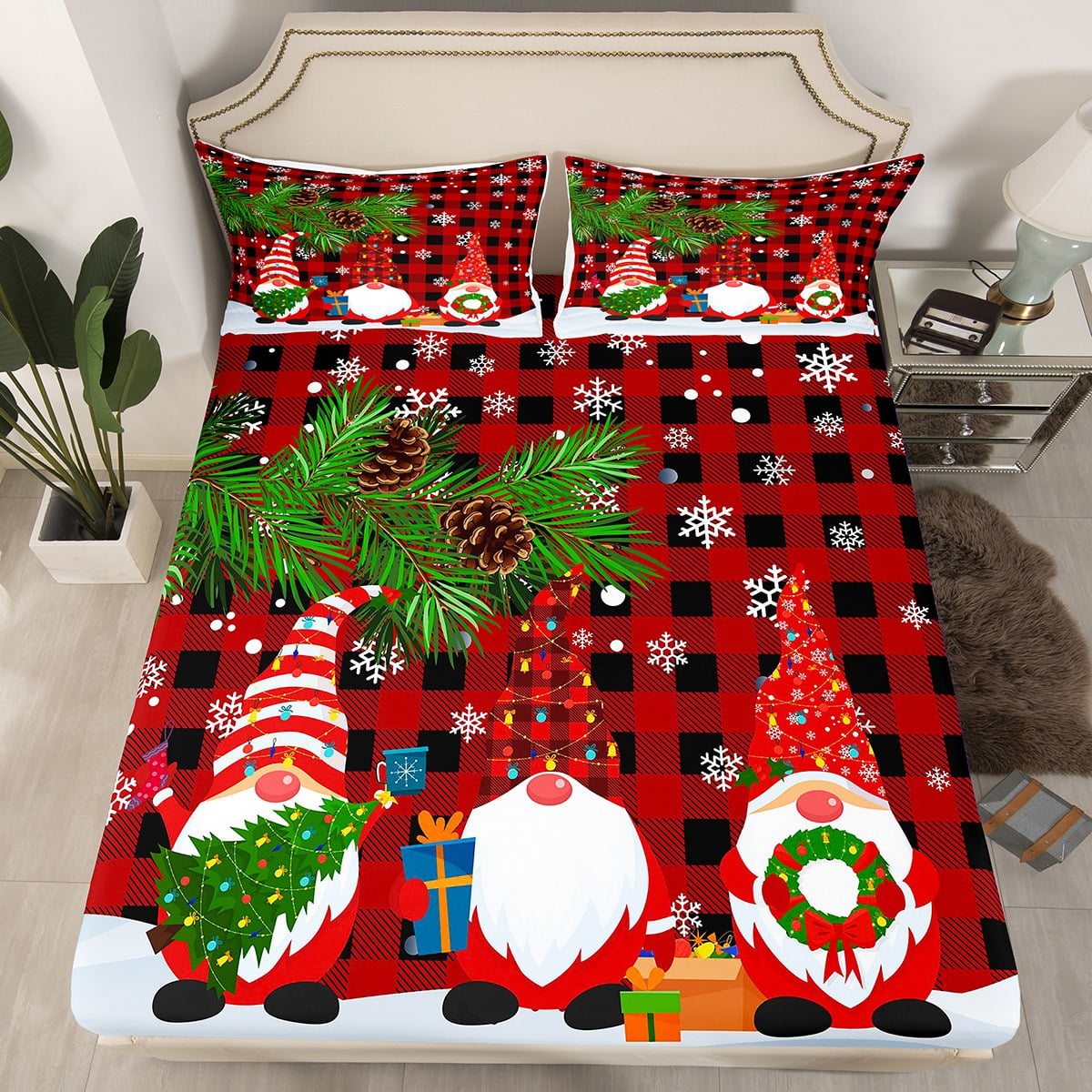 YST Christmas Gnomes Bedding Set Red Black Buffalo Plaid Check Sbed Sheets Rustic Christmas
