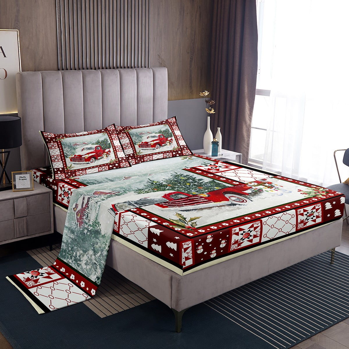 YST Christmas Sheet Set Queen,Farmhouse Truck Christmas Tree Bed Sheets ...
