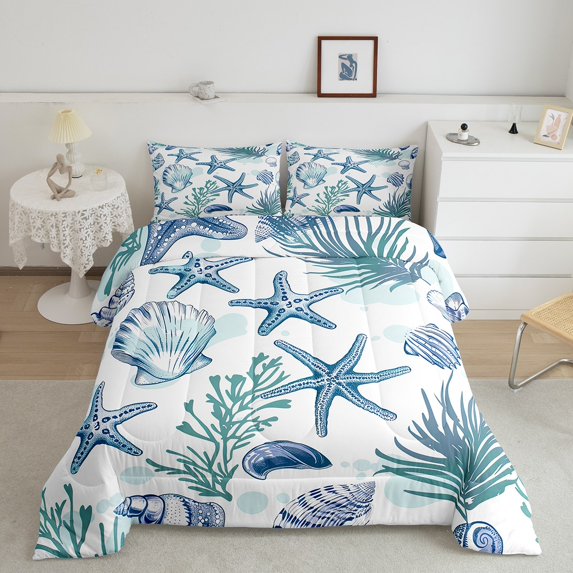 Coastal Comforter Set Full Nautical Beach Bedding For Young Cartoon Starfish Seaweed Seashell Bedding Comforter Sets Teal Sea Life Bedroom Decor Down Comforter