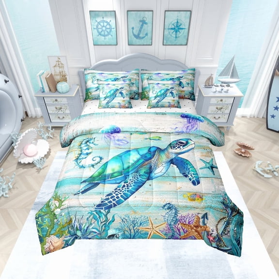 Coastal Comforter Set Queen,Summer Sea Turtle Bed in A Bag ,Tropical Starfish Coral Bedding Sets,Farmhouse Wooden Barn Reversible Bed Sets with Sheet Set,7 Piece