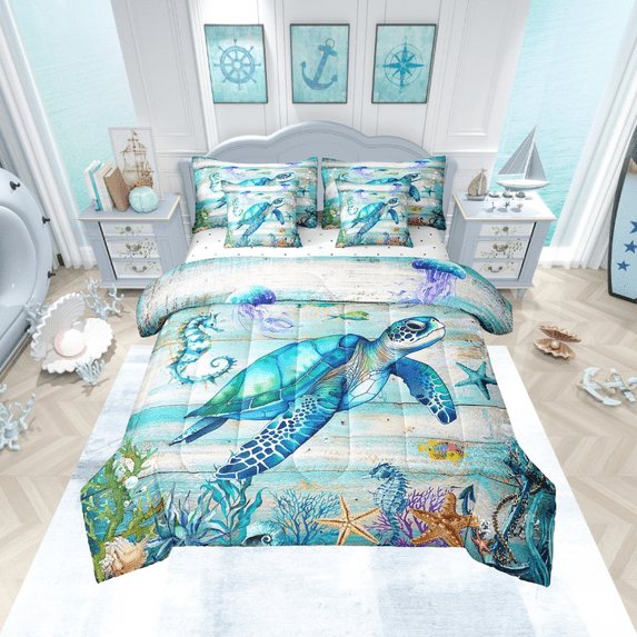 Erosebridal Coastal Comforter Set Twin,Summer Sea Turtle Bed in A Bag,Tropical Starfish Coral Bedding Sets,Farmhouse Wooden Barn Reversible Bed Sets with Sheet Set,7 Piece
