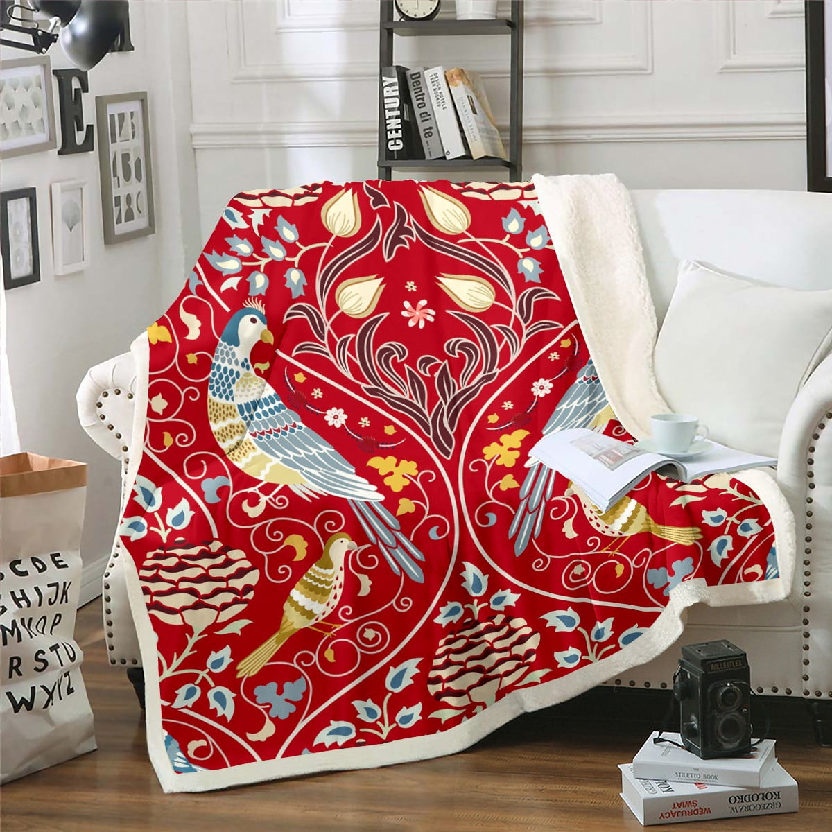 YST Colorful Bird Fleece Blanket for Women Men Exotic Style Sherpa Blanket Retro Botanical