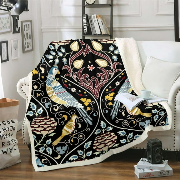 Colorful Bird Sherpa Blanket for Women Men Exotic Style Throw Blanket Retro Botanical Plants Fleece Blanket Bohemian Vintage Flowers Pattern Plush Blanket Queen 90x90 inch Lightweight,Black