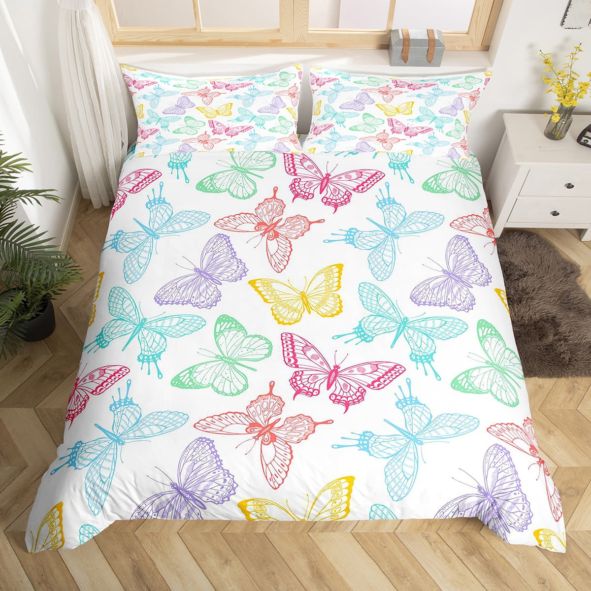 YST Colorful Butterfly Bed Set Cute Animal Duvet Cover, Pink Teal
