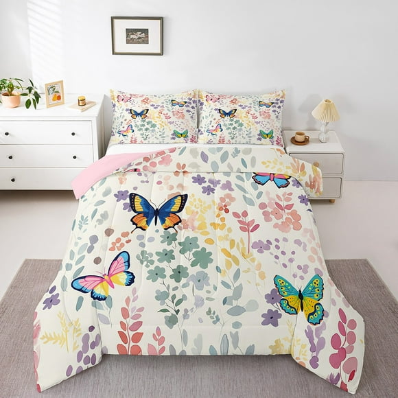 Colorful Butterfly Bedding Set,Cute Floral Butterfly Comforter Set,Rainbow Flower Leaf Plant Quilt Bed Set Wildlife Animal Print Bed Comforter