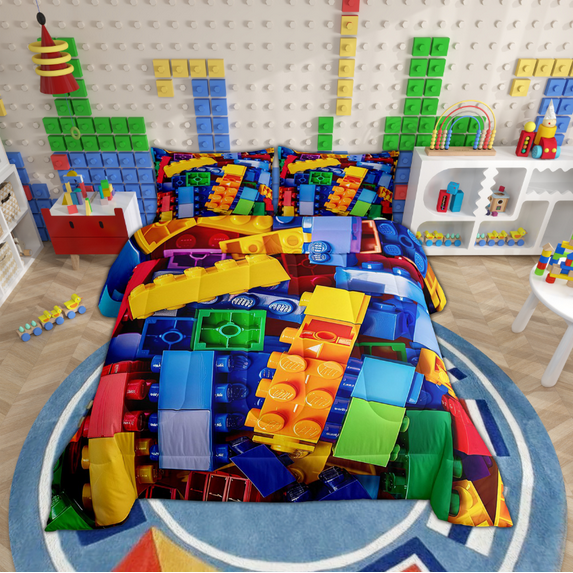 Erosebridal Colorful Comforter Set King, Building Blocks Bedding, 3D Rainbow Construction Brick Bedding Comforter Sets Funny Geometric Rectangle Duvet Insert