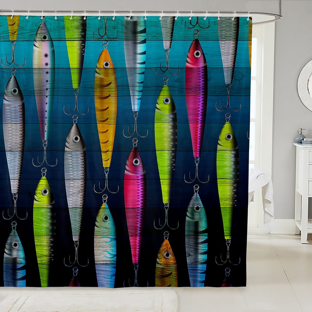 YST Colorful Fish Bathroom Shower Curtain Sets, Fish Hook Fishing