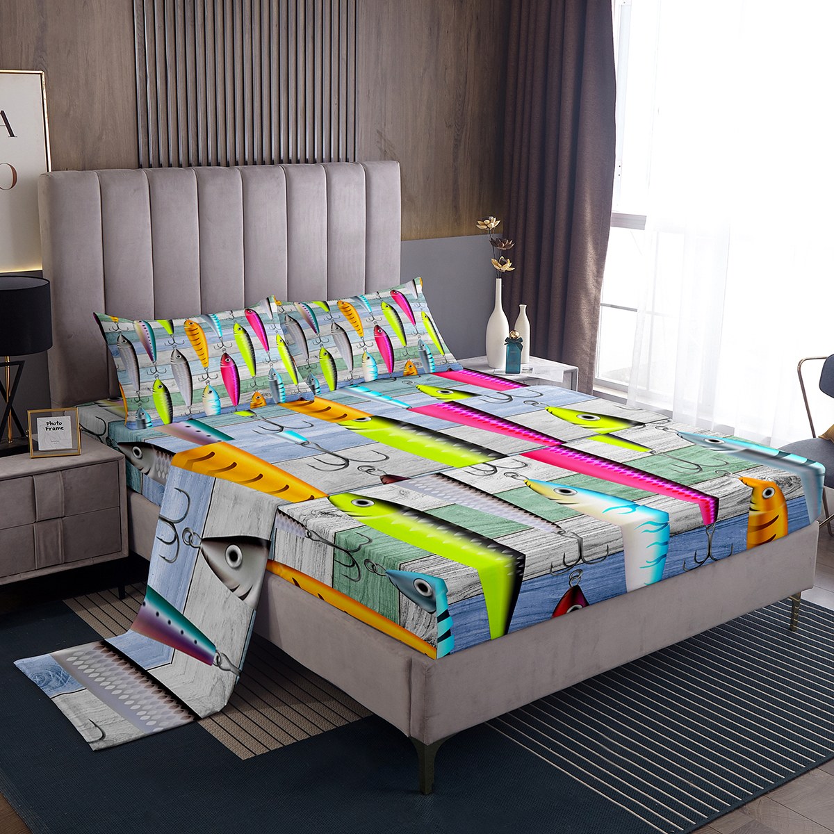 YST Colorful Fish Bed Sheets Set Twin, Fish Hook Fishing Sheet Set for