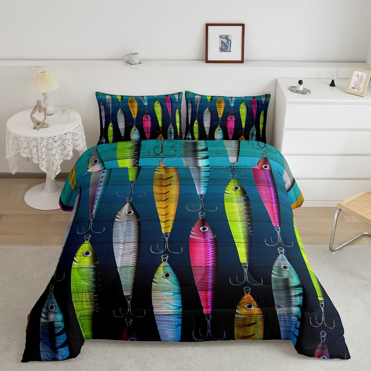 Erosebridal Colorful Fish Bedding Set Twin, Fish Hook Fishing Comforter ...