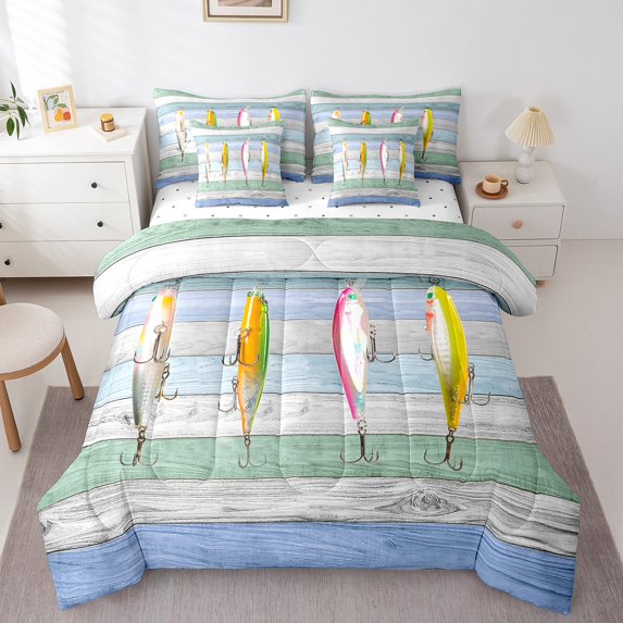 Colorful Fish Comforter Set 7 Piece Full,Fish Hook Fishing Bed in a Bag Teens,Western Rustic Farmhouse Flat Fitted Sheet Cabin Lodge Decor,Soft Microfiber Bedding Set
