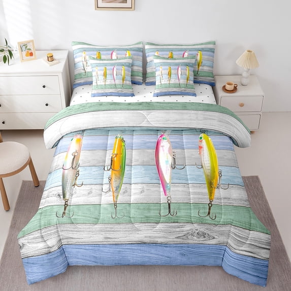 Colorful Fish Comforter Set 7 Piece Queen,Fish Hook Fishing Bed in a Bag Teens,Western Rustic Farmhouse Flat Fitted Sheet Cabin Lodge Decor,Soft Microfiber Bedding Set