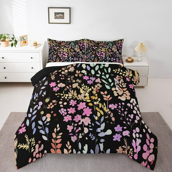 Erosebridal Colorful Floral Comforter Set Full Size,Cute Boho Pink Flower Bedding Set Bedroom Decor,Watercolor Wild Flowers Quilt Bed Set Bohemian Wildflower Bed Comforter Set 3Pcs