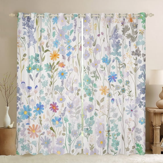 Colorful Floral Curtains,Green Blue Cute Flower Curtains 30%-50% Blackout Boho Bedroom Decor,Watercolor Wildflower Curtains Flowers Window Curtains 2 Panels 38"Wx54"L