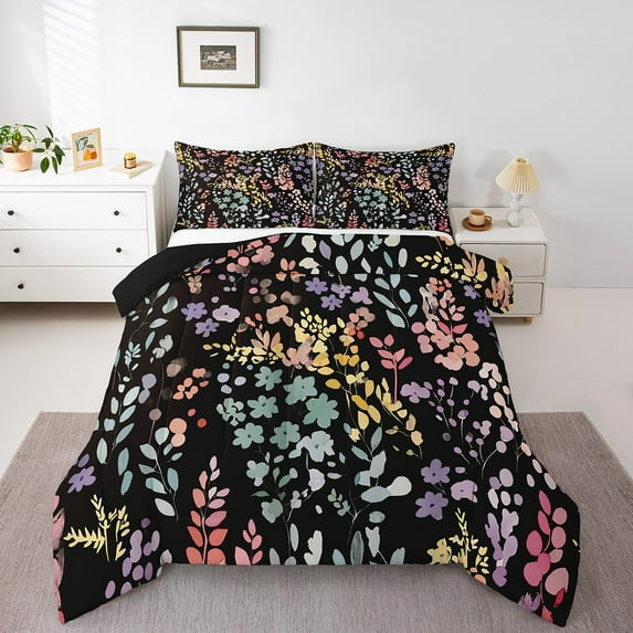 Erosebridal Colorful Floral King Bedding Set,Cute Boho Flower Comforter Set Rustic Home Decor,Funky Watercolor Wildflower Quilt Bed Set Bohemian Flowers Bed Comforter Set 3Pcs