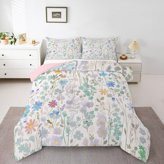 Colorful Floral Bedding Sets ,Green Blue Cute Flower Comforter Set Boho Home Decor,Watercolor Wildflower Quilt Bed Set Wild Flowers Bed Comforter Set 2Pcs