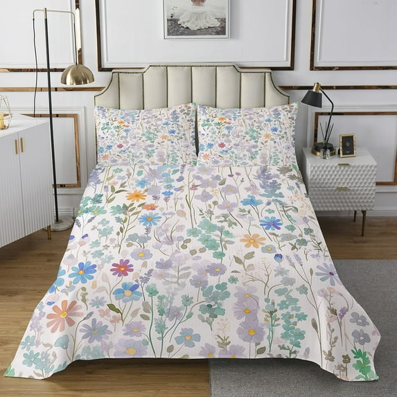 Colorful Floral Twin Bedspread,Green Blue Cute Flower Quilt Bedding Set Boho Home Decor,Watercolor Wildflower Quilt Bed Set Flowers Coverlet Set 2Pcs