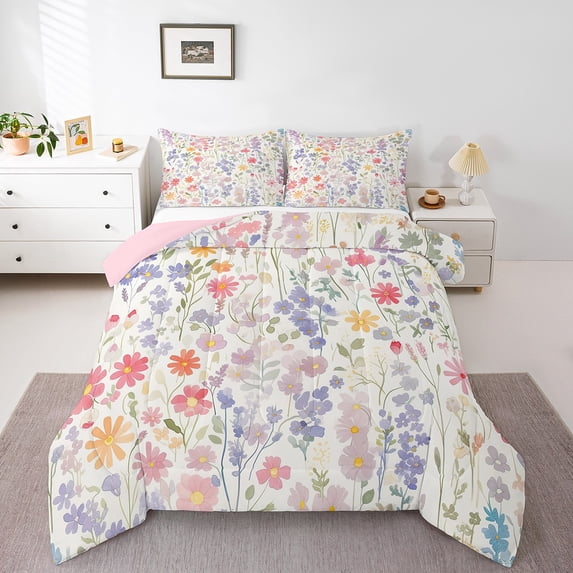 Colorful Floral Twin Comforter Set ,Pink Purple Cute Flower Bedding Set Boho Bedroom Decor,Watercolor Wildflower Quilt Bed Set Rustic Flowers Bed Comforter Set 2Pcs