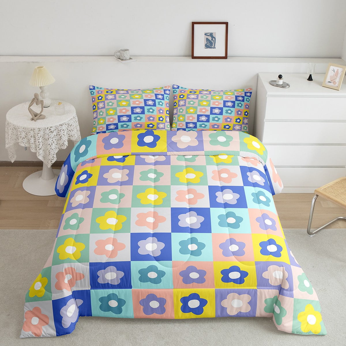 YST Colorful Flower Comforter for Girls Twin Groovy Floral Bedding for