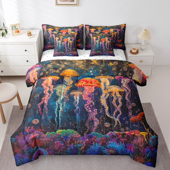 Colorful Jellyfish Comforter Set Full 7 Piece Sea Animal Ocean Life Bed in a Bag Trippy Room Decor,Coastal Nautical Theme Bedding Set with 2 Sheets,2 Pillowcases,2 Throw Pillow Covers