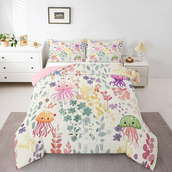 YST Colorful Jellyfish King Comforter Set,Rainbow Flower Jellyfish Kawaii Bedding Set for Kids Girls Boys,Sea Animal Ocean Life Theme Quilt Bed Set Floral Leaf Bed Comforter