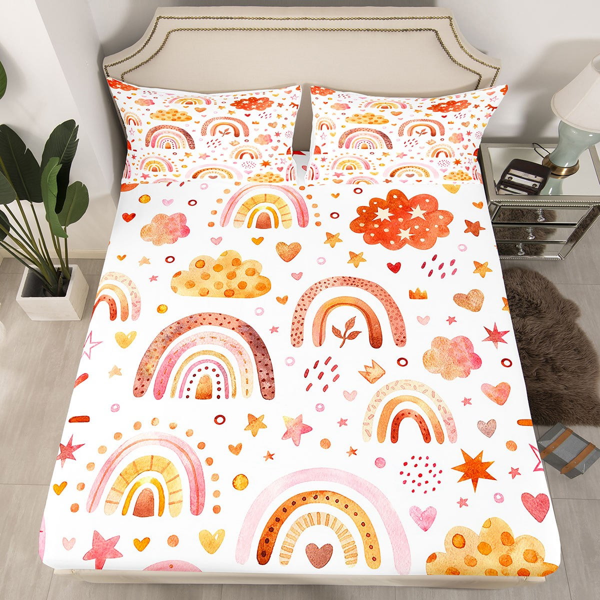 YST Colorful Rainbow Bed Sheets Kawaii Clouds and Stars Fitted Sheet