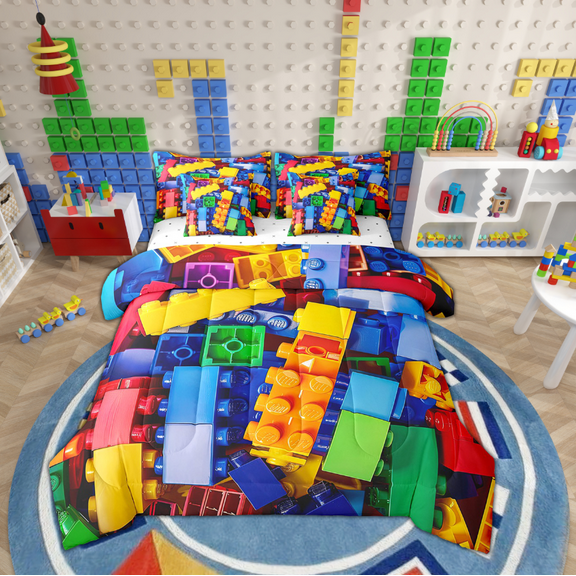 Erosebridal Colorful Toy 7 Pcs Comforter Set Full, Building Blocks Bedding, 3D Rainbow Construction Brick Sheet Set Bed in A Bag Funny Geometric Rectangle Duvet Insert