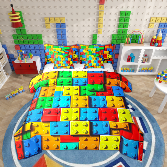 Colorful Toy 7 Pcs Comforter Set King, Building Blocks Bedding , 3D Rainbow Construction Brick Sheet Set Bed in A Bag Funny Patchwork Geometric Rectangle Duvet Insert