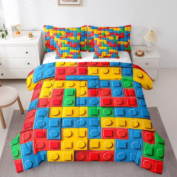 Colorful Toy 7 Pcs Comforter Set Queen, Building Blocks Bedding , 3D Rainbow Construction Brick Sheet Set Bed in A Bag Funny Patchwork Geometric Rectangle Duvet Insert