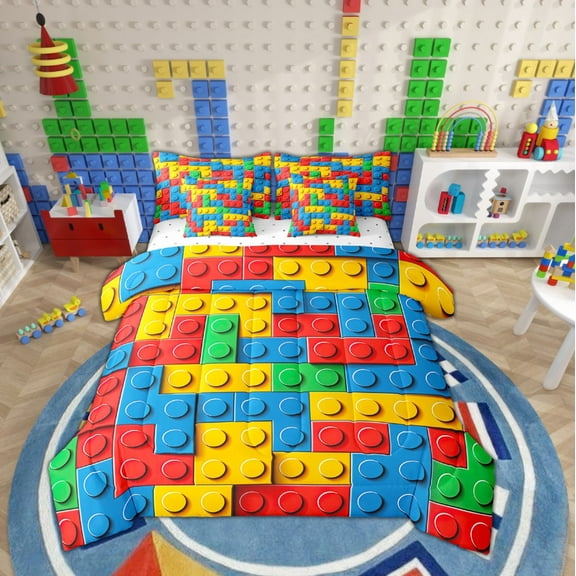 Colorful Toy 7 Pcs Comforter Set Queen, Building Blocks Bedding , 3D Rainbow Construction Brick Sheet Set Bed in A Bag Funny Patchwork Geometric Rectangle Duvet Insert