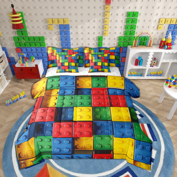 Erosebridal Construction 7 Pcs Comforter Set twin, 3D Building Blocks Bedding, Rainbow Colorful Toy Brick Sheet Set Bed in A Bag Funny Patchwork Geometric Duvet Insert