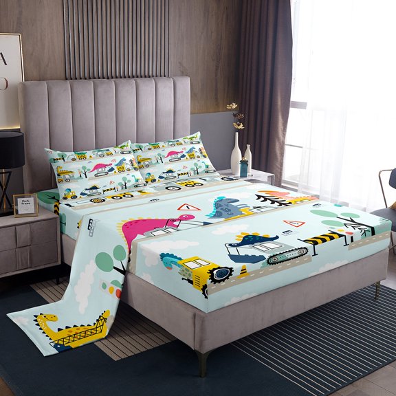 Erosebridal Construction Bed Sheets Cute Dinosaur Sheet Set King,Excavator Truck Fitted Sheet Vehicle Tractor Room Decor Cartoon Animal Dino Top Sheet
