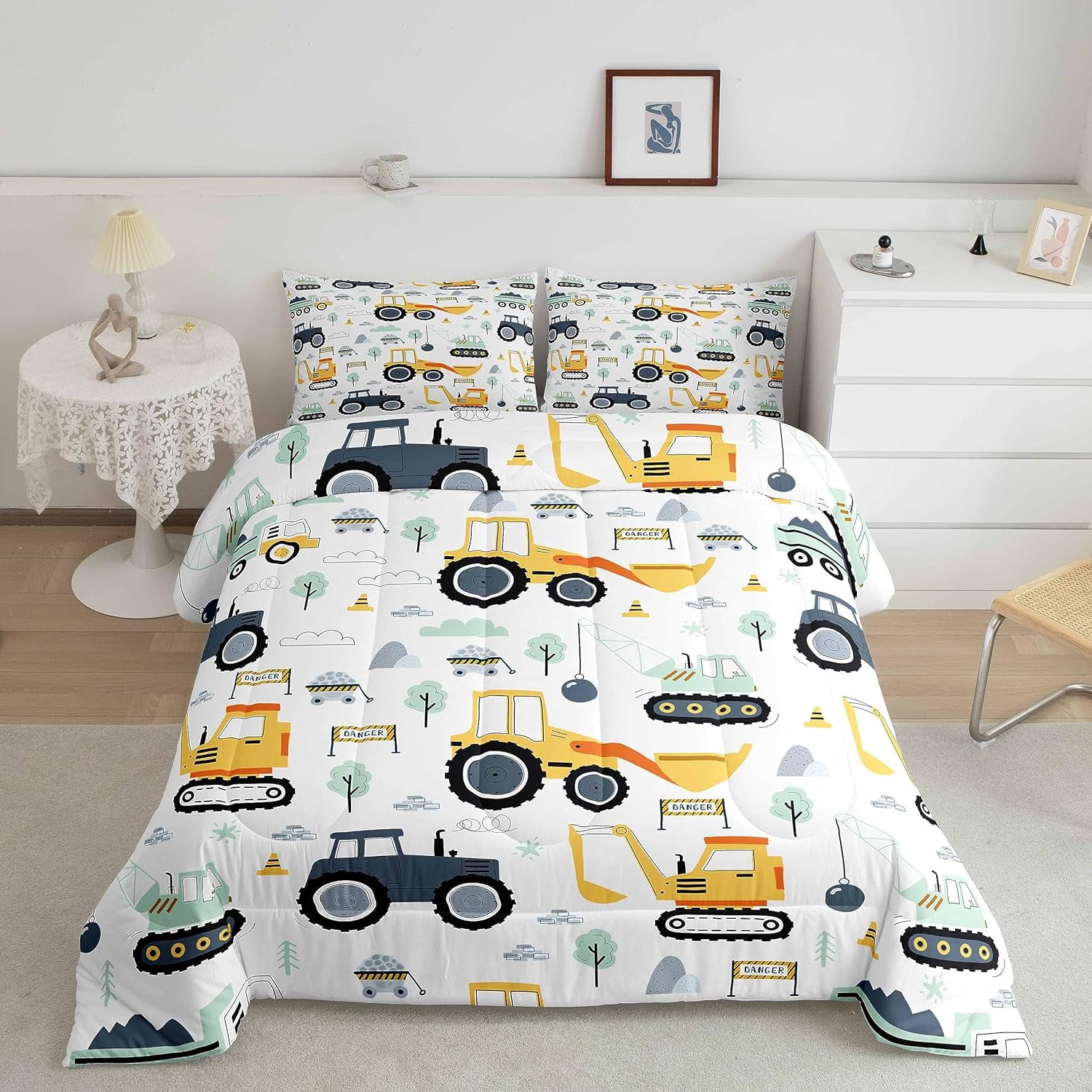 YST Construction Bedding Twin Tractor Comforter Set 2 Pieces Cartoon