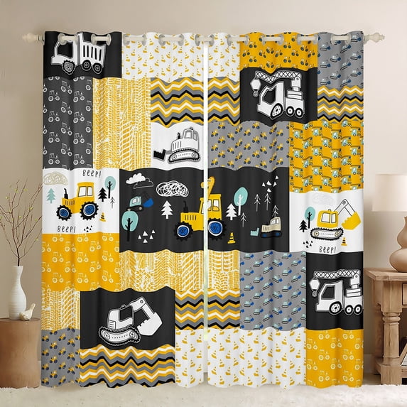 Construction Curtains & Drapes 52"Wx84"L Tractor Curtains Dinosaur Truck Window Curtains Teen,Cartoon Car Window Treatments 2 Panels Check Excavator Room Decor
