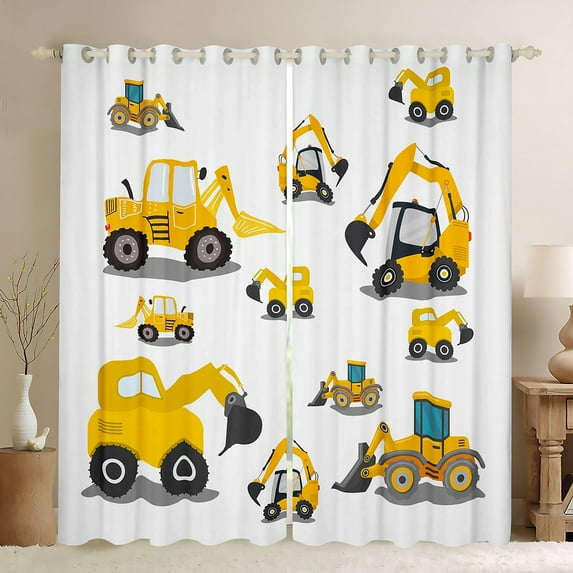Construction Truck 30%-50% Blackout Curtains, Cartoon Tractor Car Curtains Excavator Bulldozer Curtains & Drapes, Equipment Trucks Window Treatments for Teens Youth, Yellow White