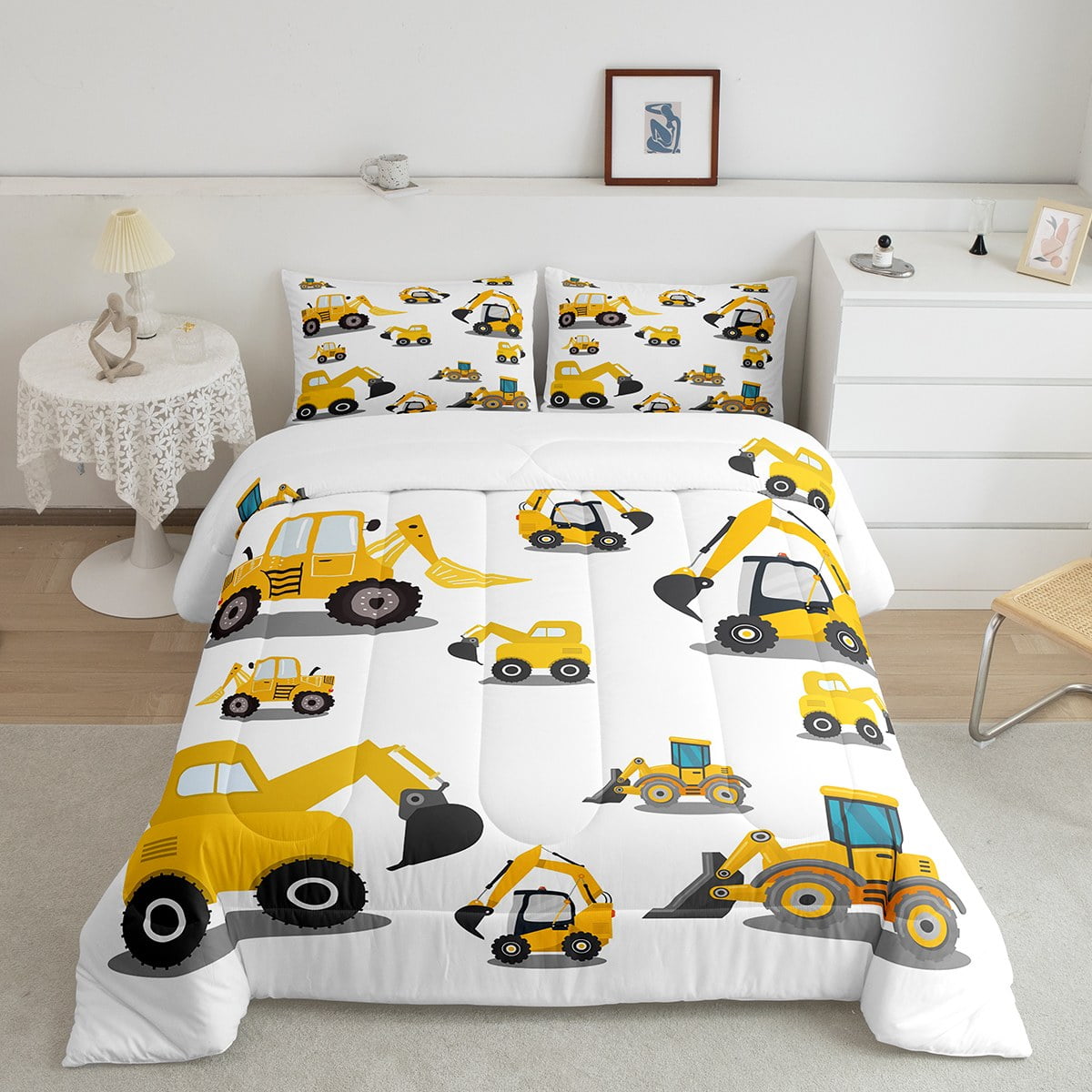 YST Construction Truck Comforter Set Queen, Cartoon Tractor Car Bedding