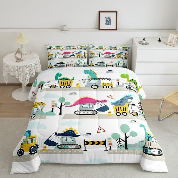 Erosebridal Construction Truck Comforter Set Dinosaur Bedding Set King,Tractor Crane Excavator Bedding Comforter Sets Bedroom Decor Cartoon Animal Dino Quilt Bed Set 3Pcs